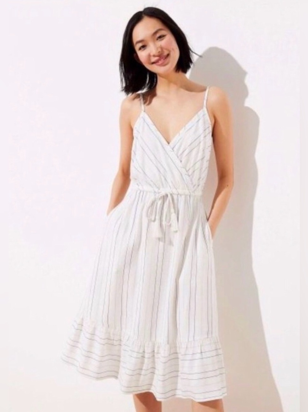 Loft Dress 2 White Cotton Shimmer Striped Spaghetti Straps Tie Waist Pocket